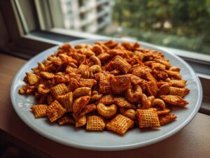 A white plate piled high with seasoned, savory chex party mix and whole cashews, set near a window.
