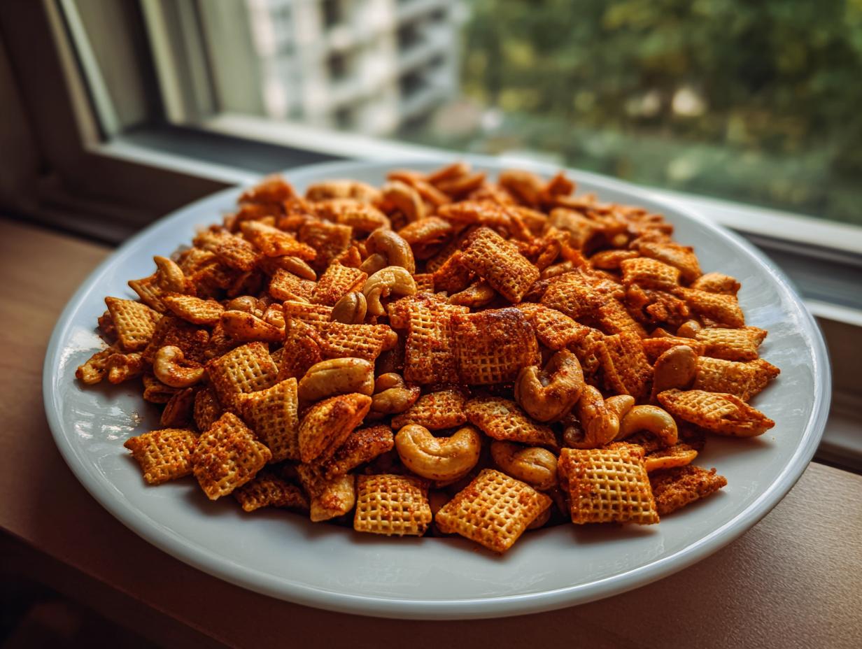 A white plate piled high with seasoned, savory chex party mix and whole cashews, set near a window.