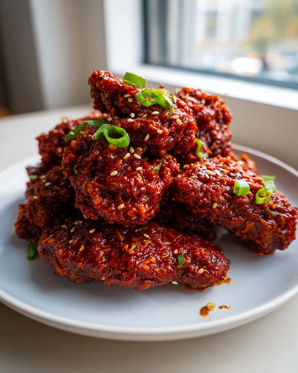 Close-up of crispy, saucy korean fried chicken pieces garnished with green onions and sesame seeds.