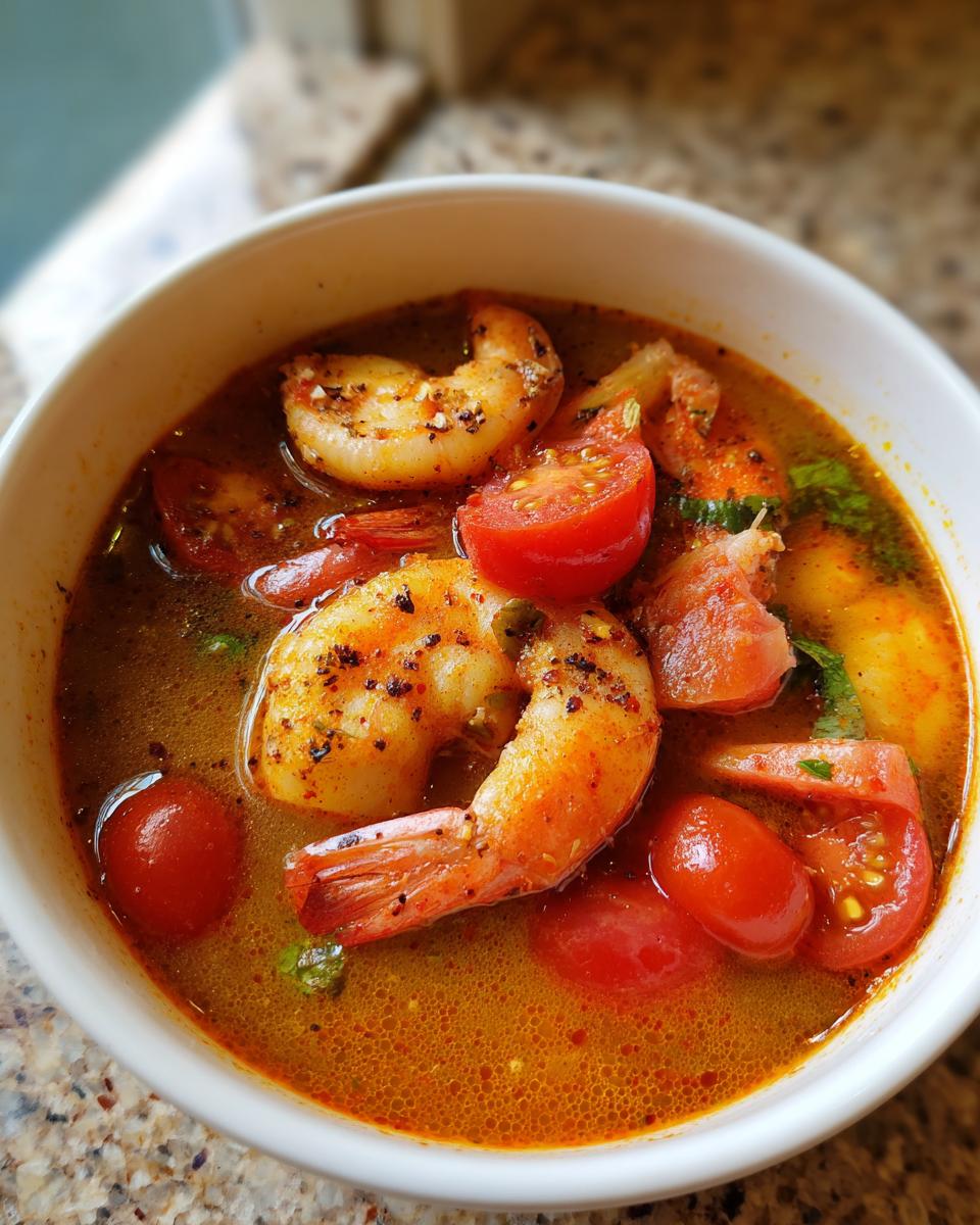 Close-up of a white bowl filled with vibrant, spicy Tom Yum soup featuring large seasoned shrimp and halved cherry tomatoes.