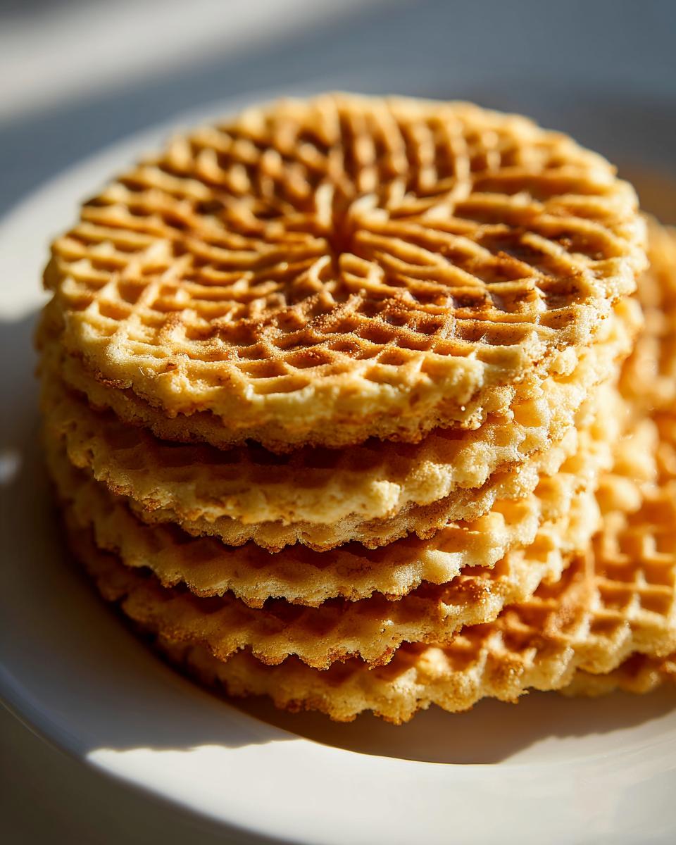 Close-up of a stack of five golden, crispy pizzelle cookies with intricate waffle patterns.