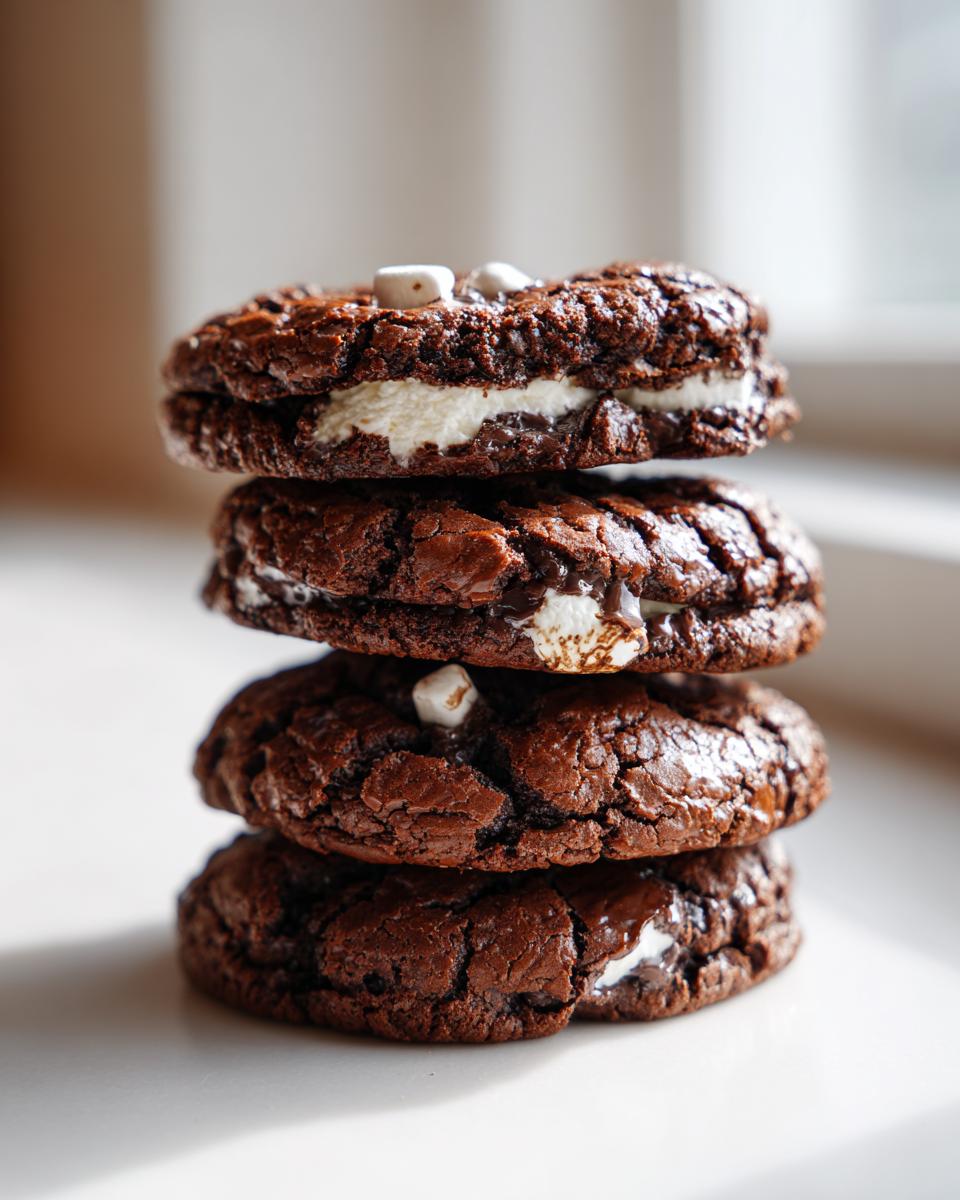 A vertical stack of four rich, dark hot chocolate cookies filled with gooey marshmallow cream.