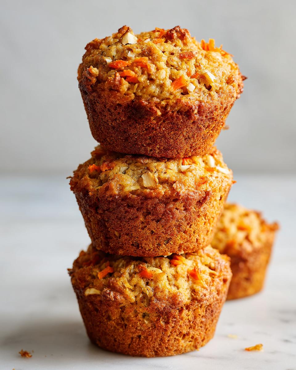 A stack of three golden brown morning glory muffins topped with visible shredded carrots and chopped nuts.
