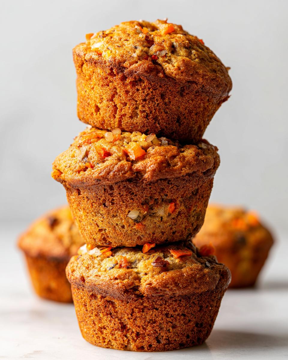 A vertical stack of three freshly baked morning glory muffins with visible carrots and nuts on top.