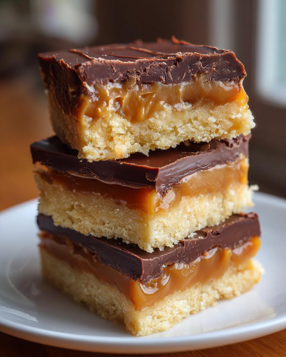 A stack of three homemade Twix bars showing shortbread, gooey caramel, and a thick chocolate topping.