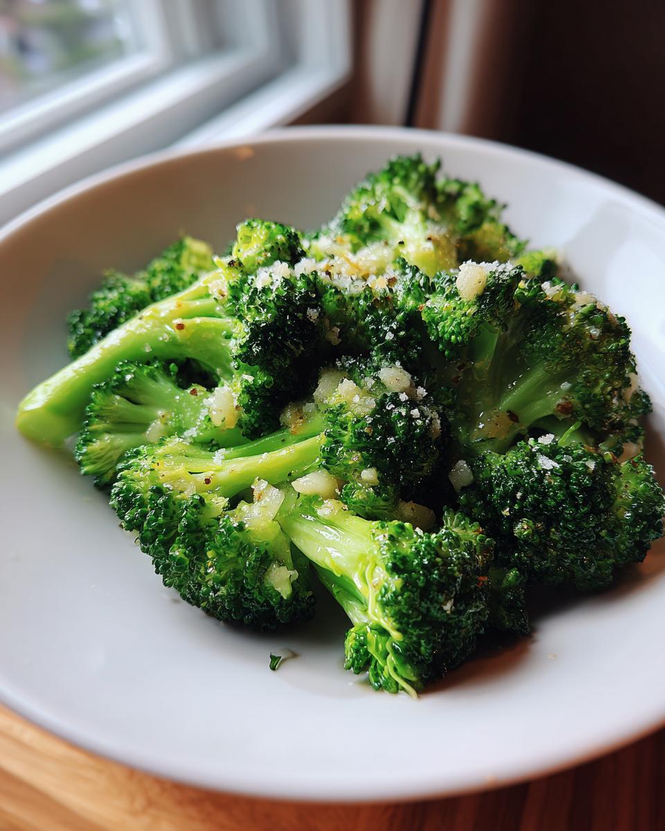 Bright green, perfectly steamed broccoli florets topped with grated Parmesan cheese and minced garlic.