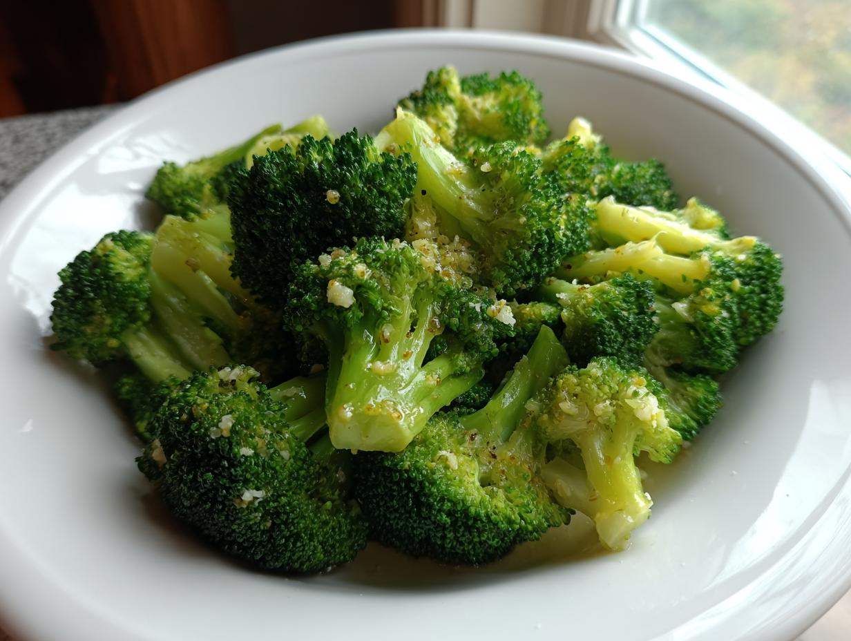 A white bowl filled with vibrant green steamed broccoli florets seasoned with garlic and pepper.
