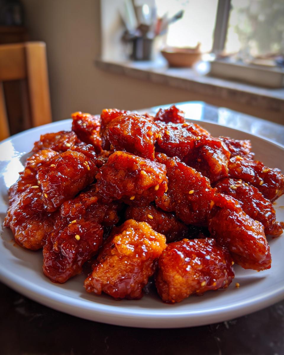 Close-up of crispy, sticky gochujang chicken pieces tossed in a vibrant red sauce and sprinkled with sesame seeds.