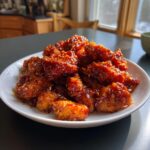 A plate piled high with sticky, glazed gochujang chicken pieces sprinkled with sesame seeds.
