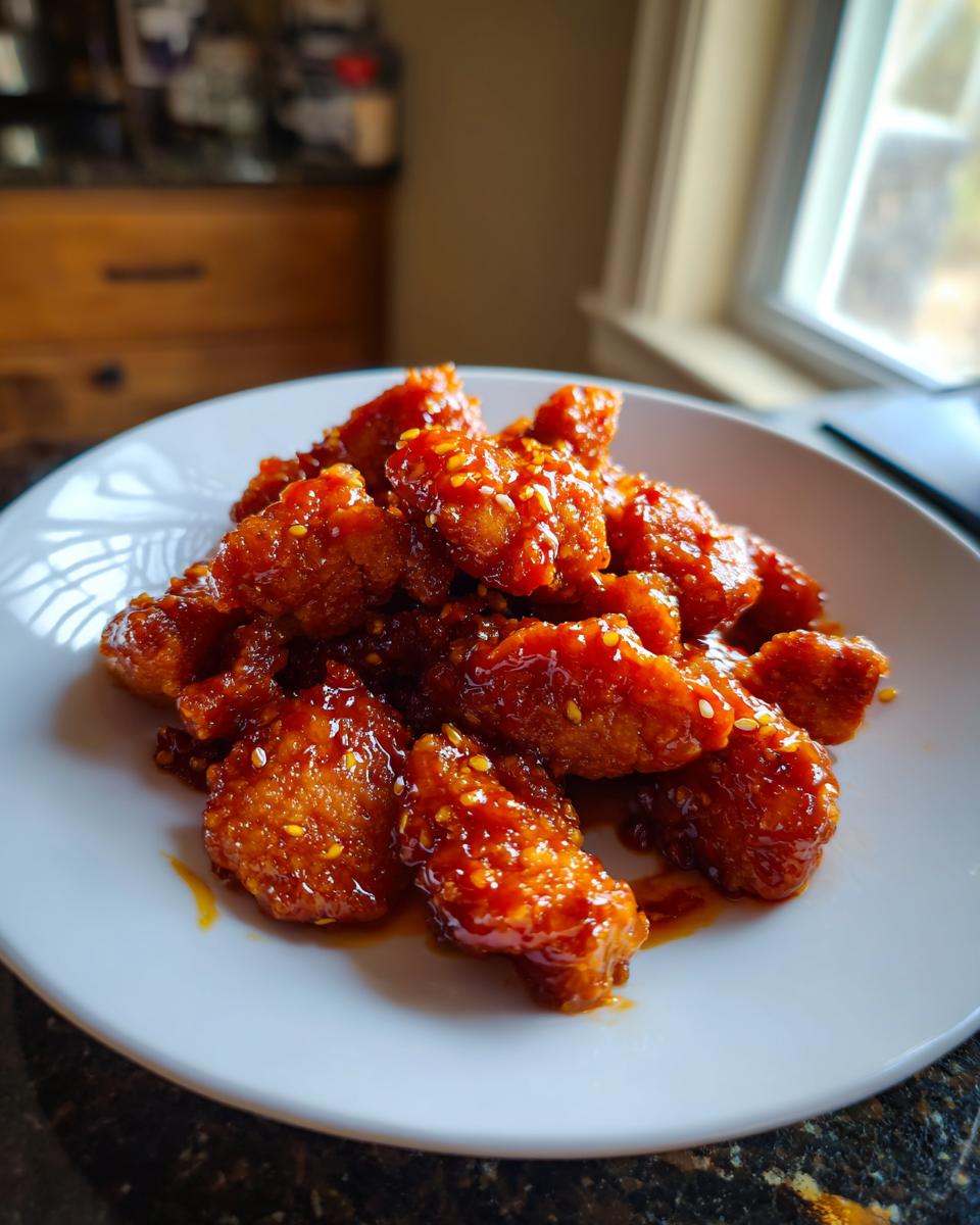 Close-up of sticky, glazed gochujang chicken pieces sprinkled with sesame seeds on a white plate.
