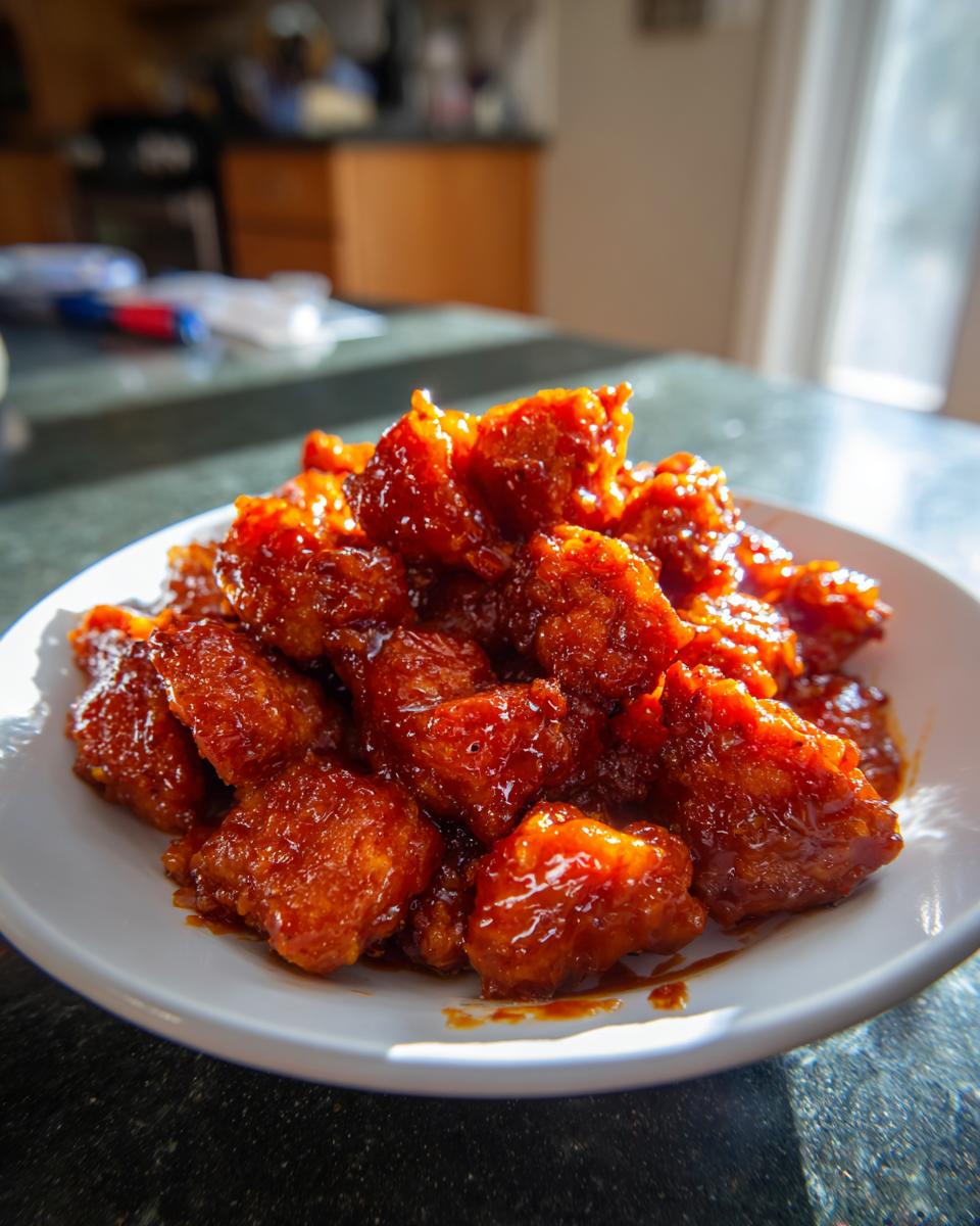 A close-up of crispy, glazed gochujang chicken pieces piled high on a white plate.