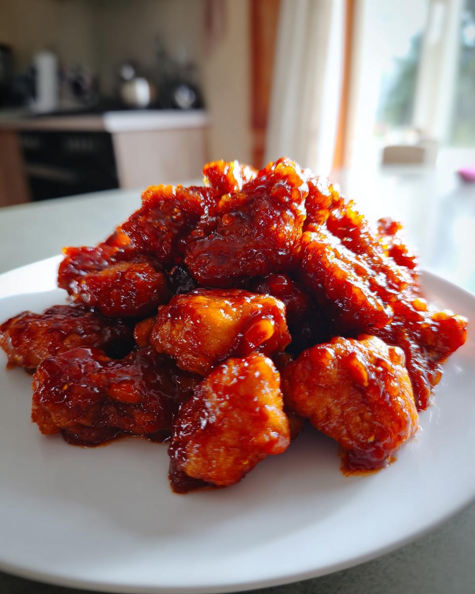 Close-up of crispy, saucy gochujang chicken pieces piled high on a white plate.