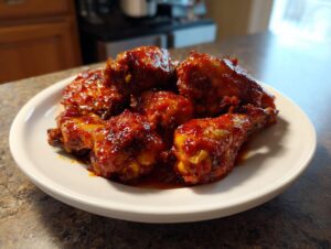 Close-up of several sticky, glossy gochujang chicken wings and drumettes piled on a white plate.