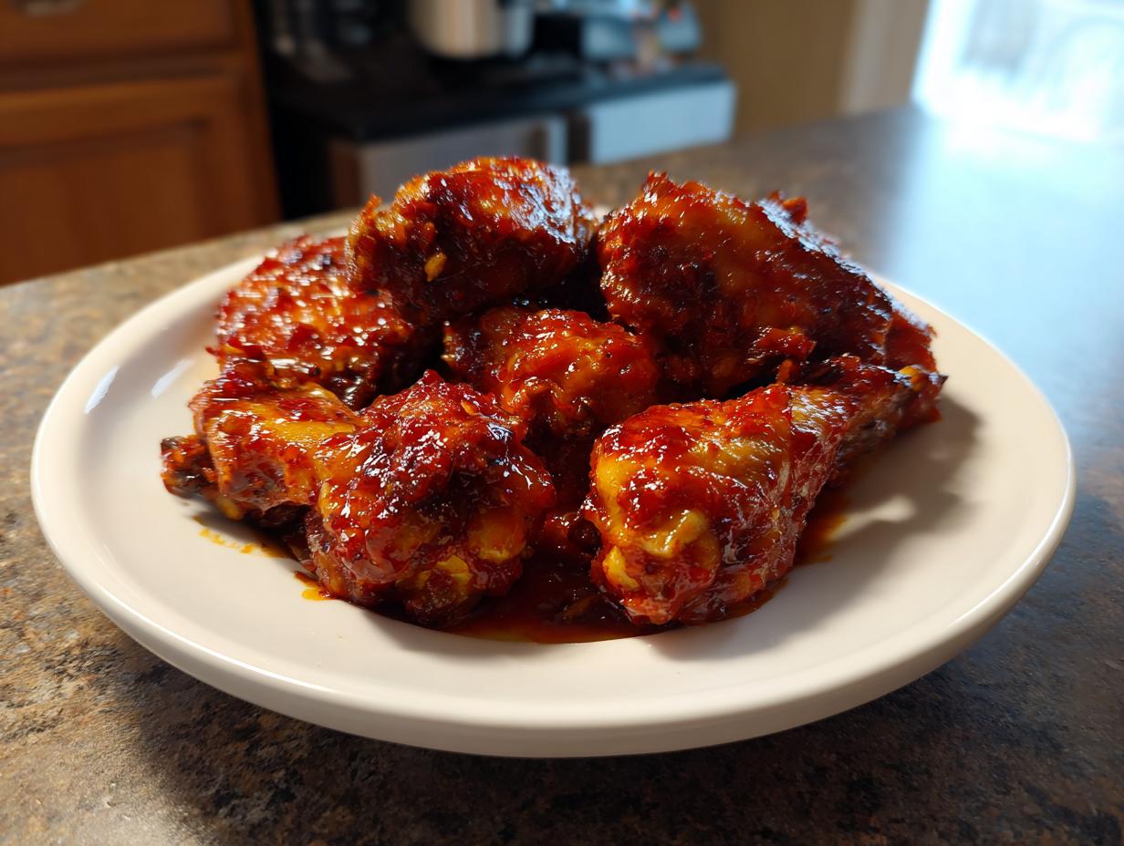 Close-up of several sticky, glossy gochujang chicken wings and drumettes piled on a white plate.