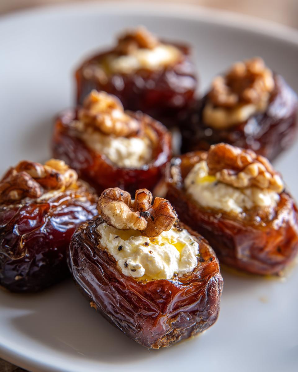 Close-up of several sweet stuffed dates filled with cream cheese and topped with a walnut half.