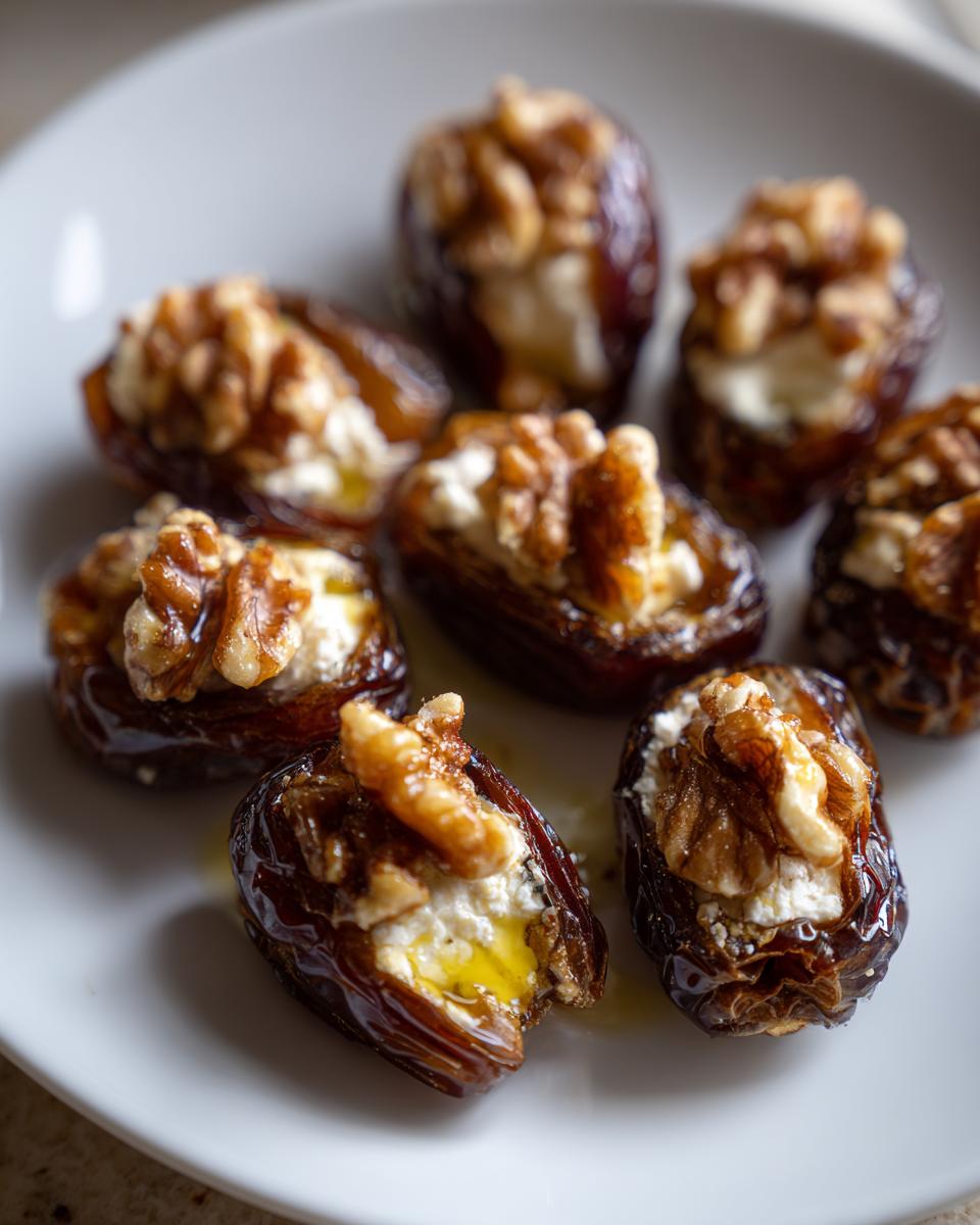 Close-up of several cream cheese and walnut stuffed dates drizzled with honey on a white plate.