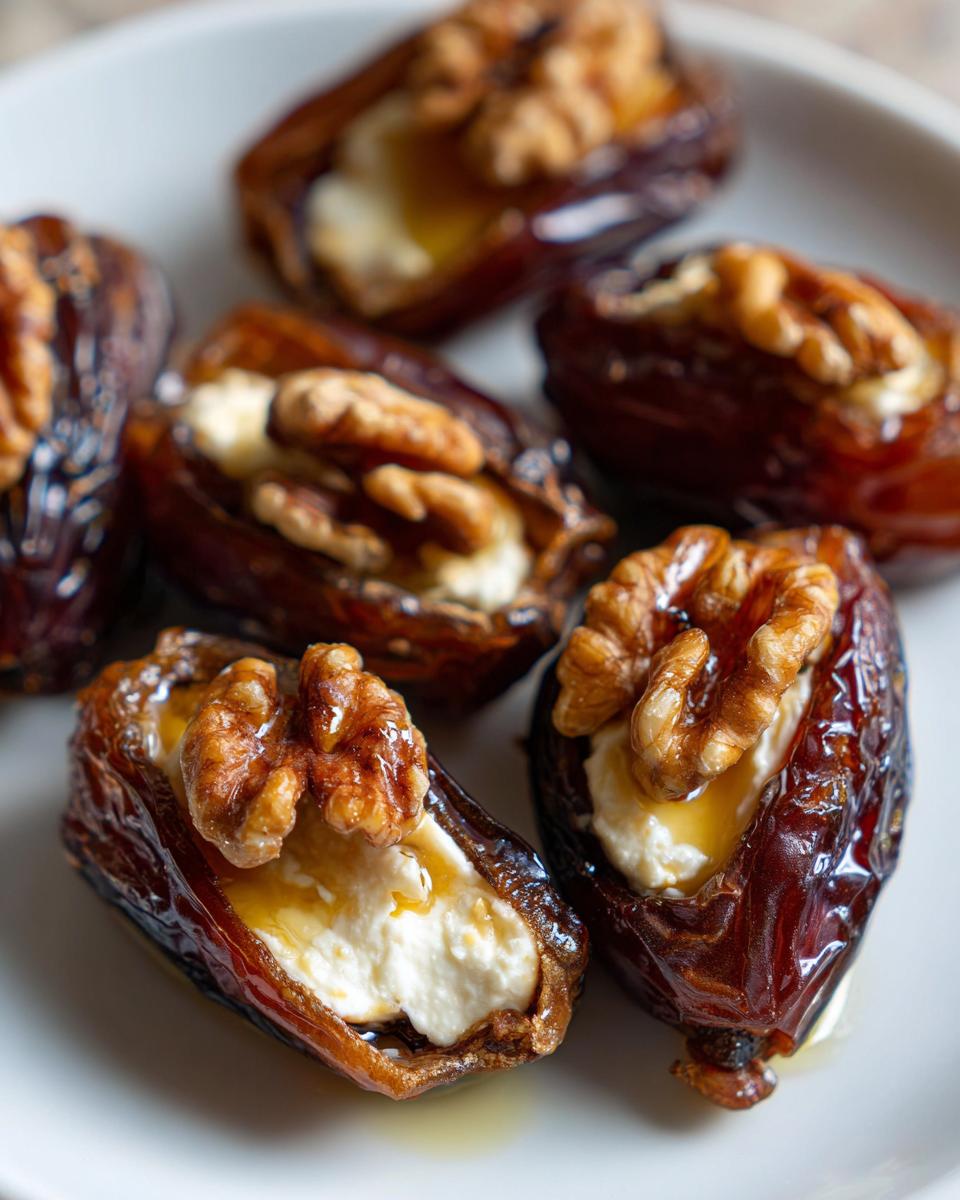 Close-up of several stuffed dates filled with cream cheese, topped with a walnut half and drizzled with honey.