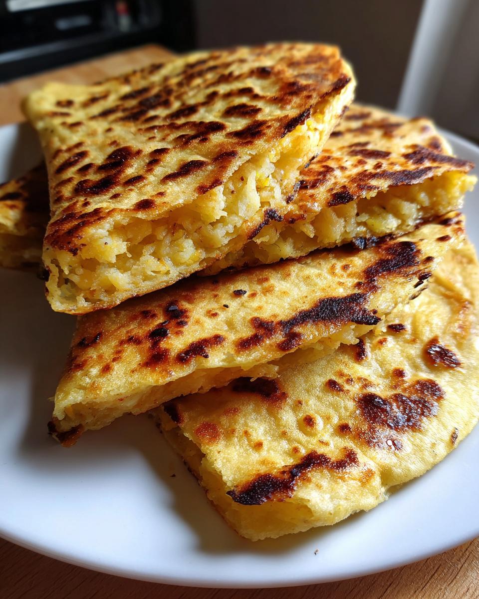 Close-up of golden, pan-fried potato tacos cut into quarters, showing the mashed potato filling.