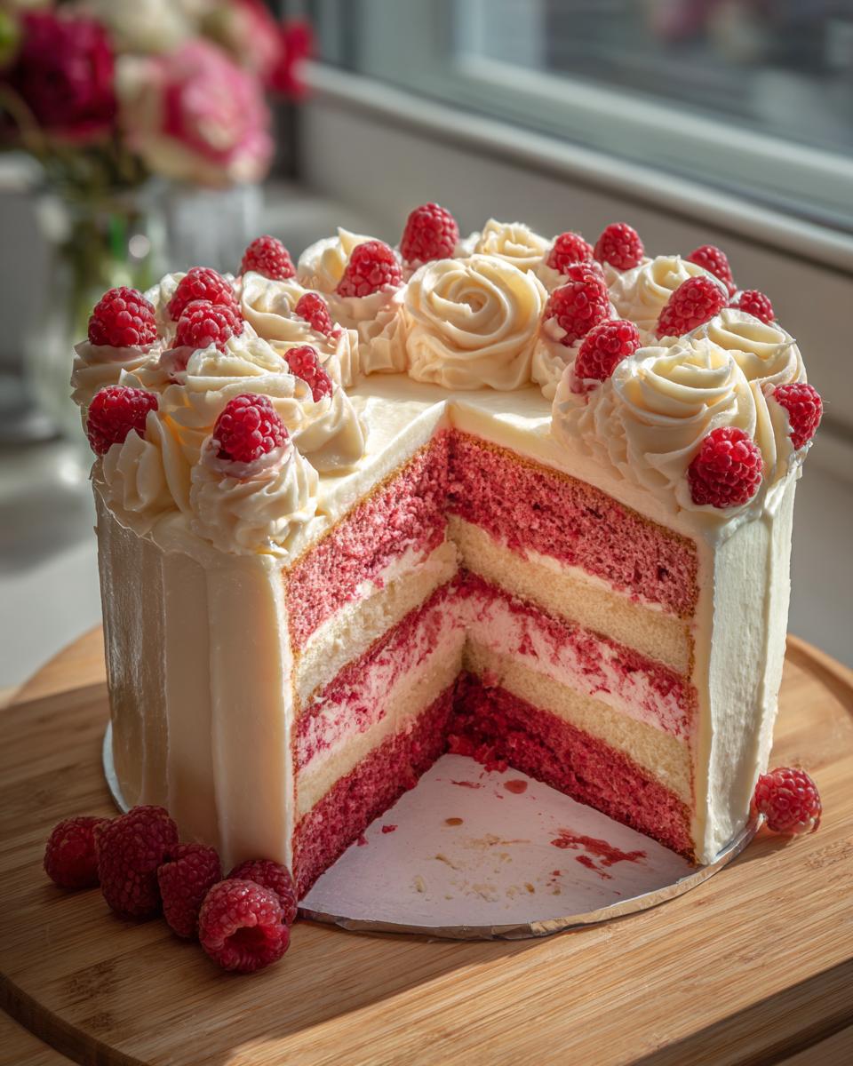 A cross-section view of a stunning rose cake featuring pink layers, white frosting roses, and fresh raspberries.