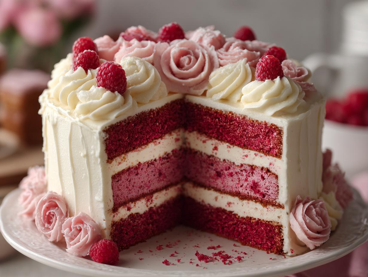 A slice removed from a vibrant red and pink layer rose cake, decorated with white frosting swirls and fresh raspberries.