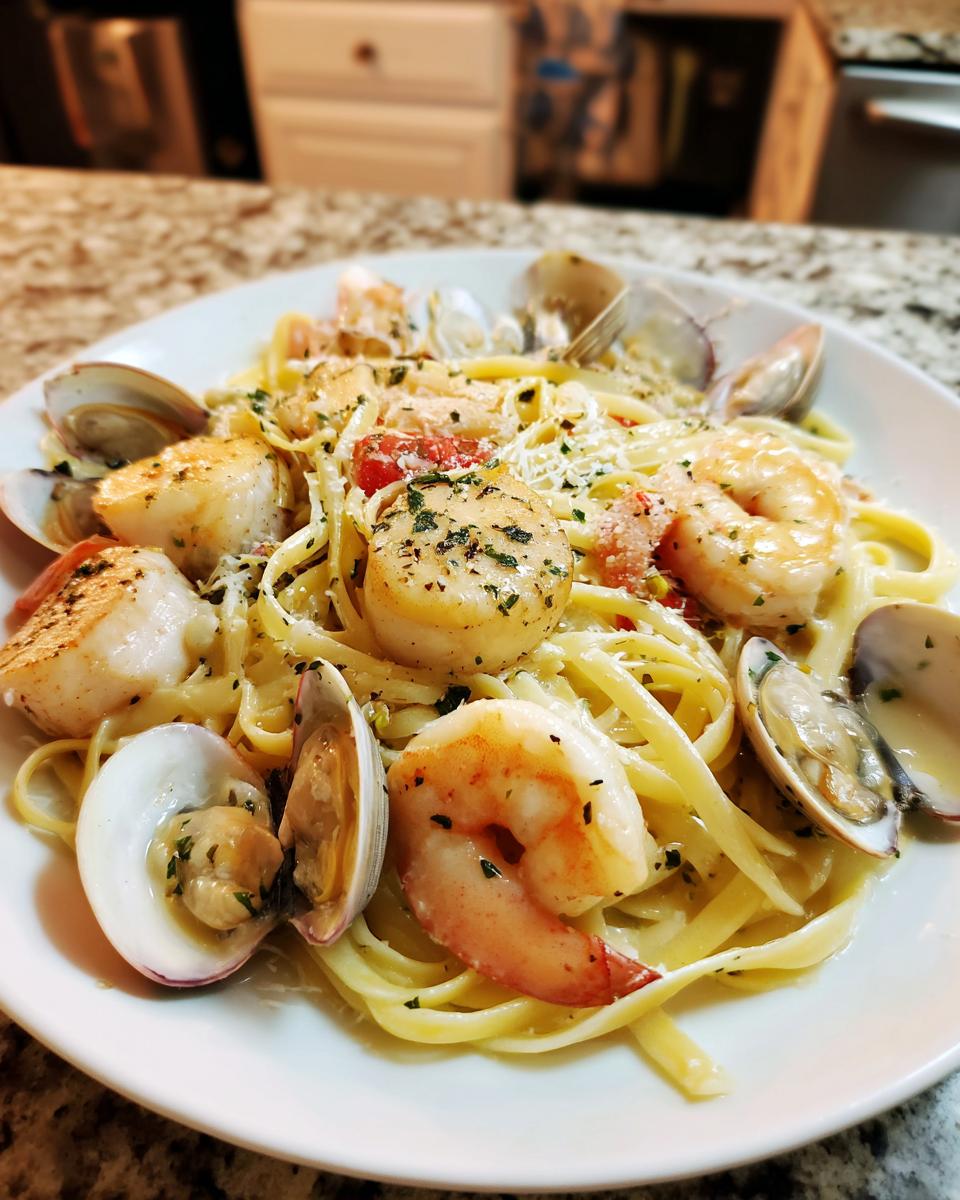 Close-up of a stunning seafood pasta dish featuring fettuccine, seared scallops, large shrimp, and clams in a light sauce.