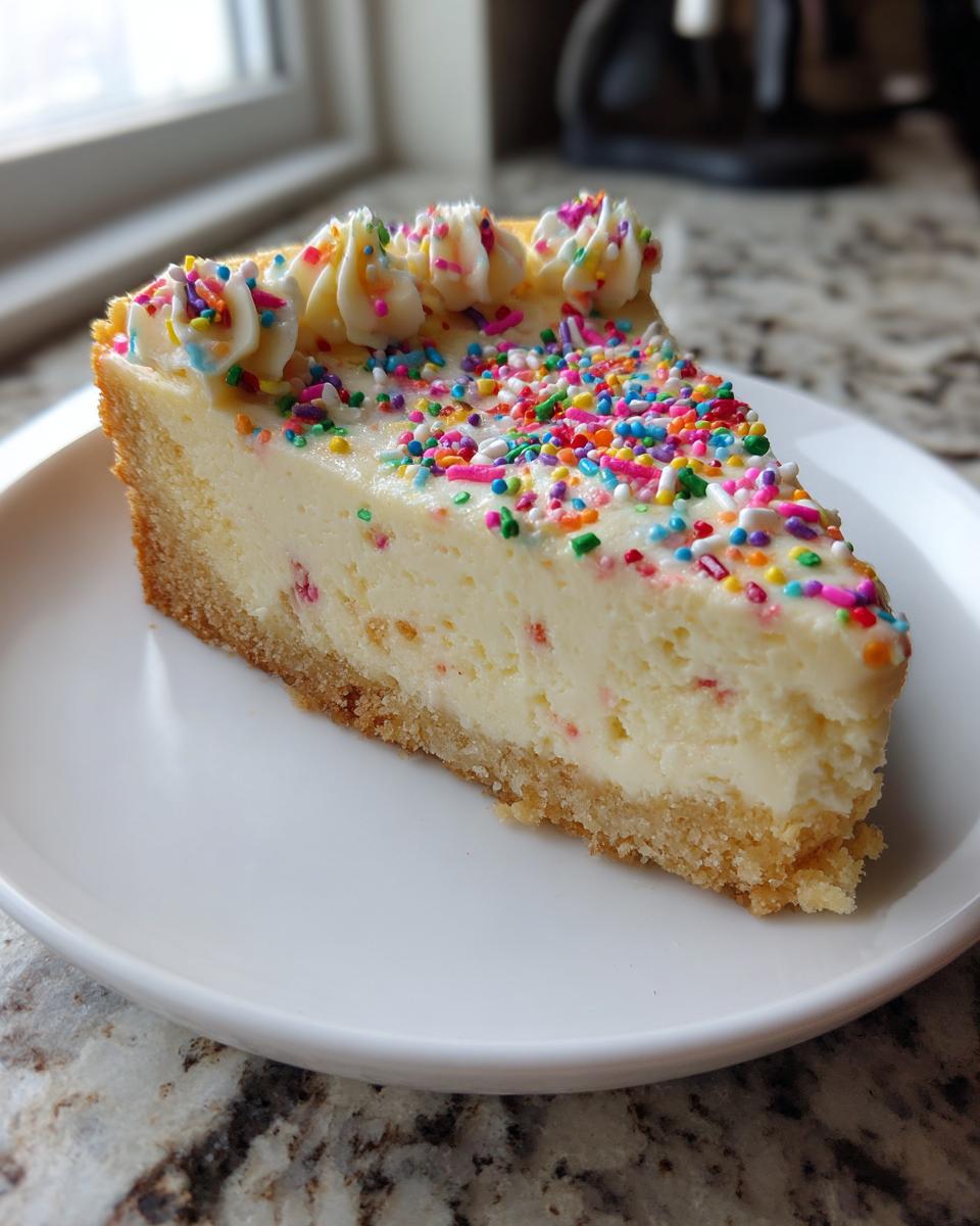 A perfect slice of sugar cookie cheesecake topped with white frosting swirls and colorful sprinkles.