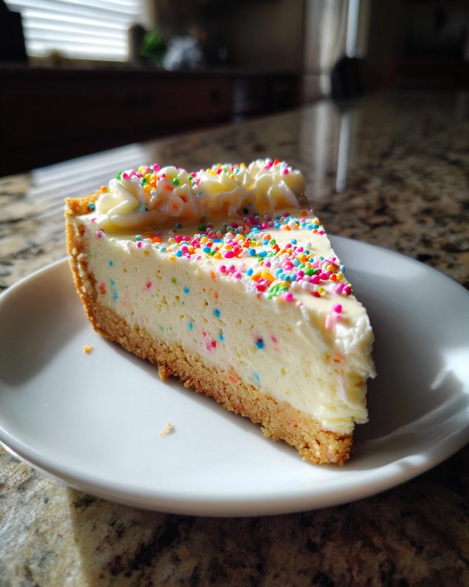 A slice of creamy sugar cookie cheesecake topped with white frosting swirls and colorful sprinkles.