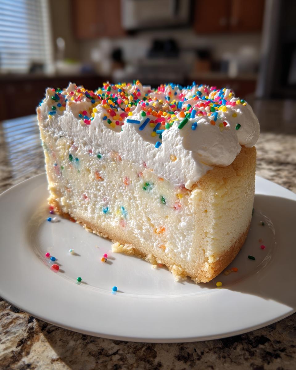 A tall slice of sugar cookie cheesecake topped with whipped cream and colorful sprinkles.