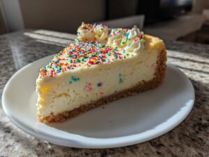 A decadent slice of sugar cookie cheesecake with a graham cracker crust, topped with colorful sprinkles and whipped cream.
