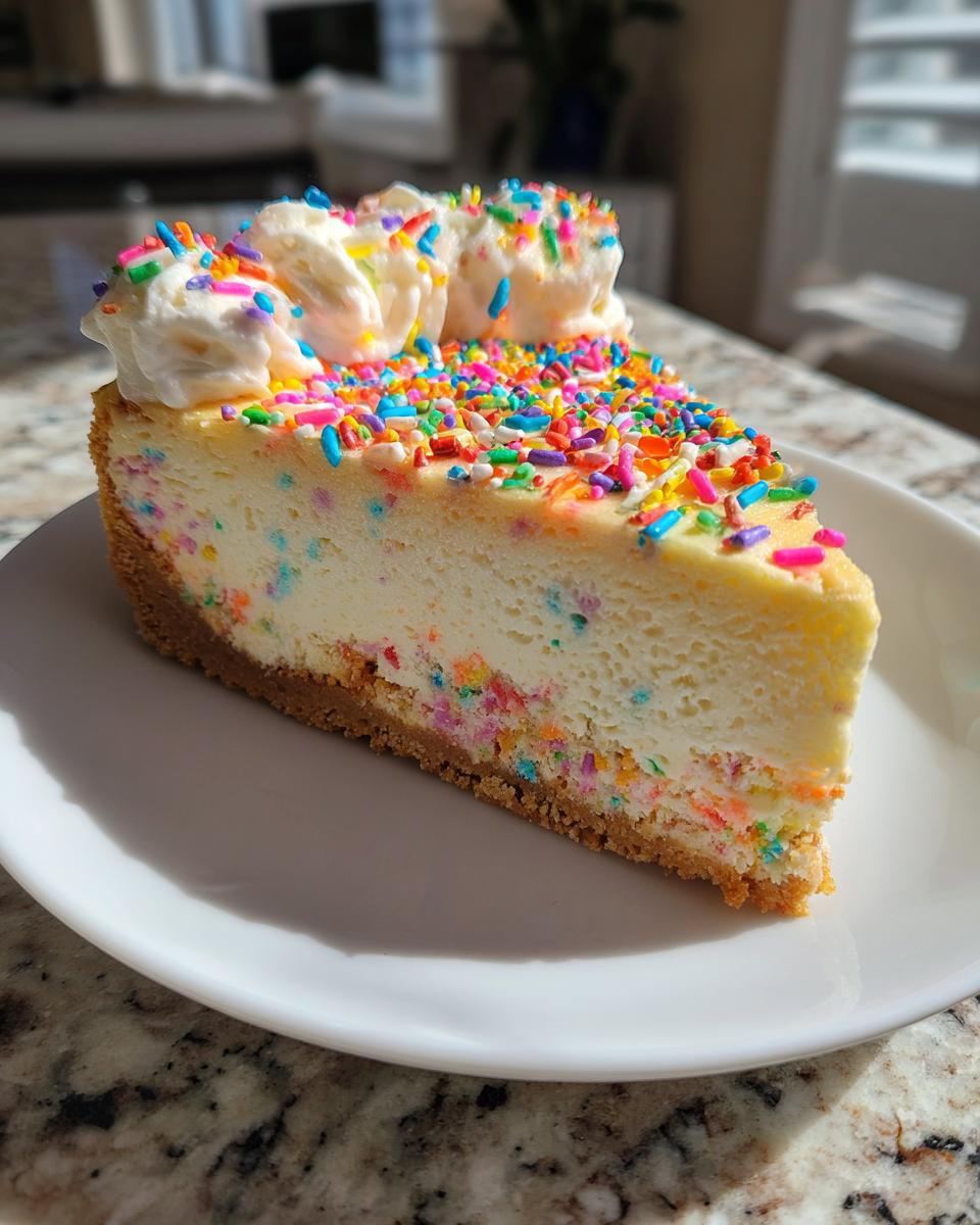 A decadent slice of sugar cookie cheesecake, studded with colorful sprinkles and topped with whipped cream.