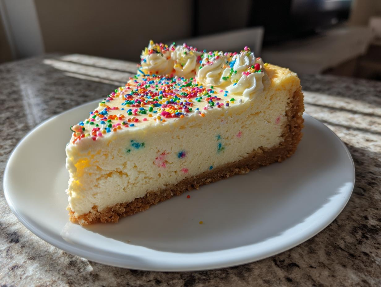 A decadent slice of sugar cookie cheesecake with a graham cracker crust, topped with colorful sprinkles and whipped cream.