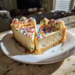 Two slices of creamy sugar cookie cheesecake topped with whipped cream and colorful sprinkles, served on a white plate.