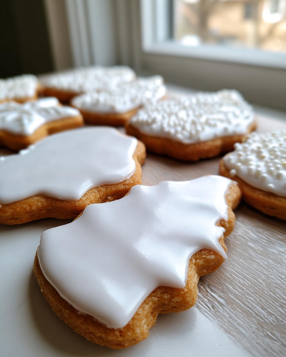 Close-up of sugar cookies topped with smooth, white sugar cookie icing that hardens, some decorated with sprinkles.