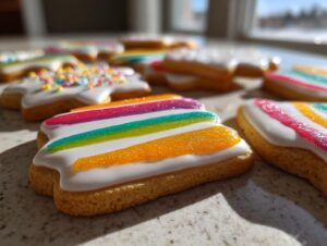 Close-up of sugar cookies decorated with white base icing and colorful stripes of sugar cookie icing that hardens.