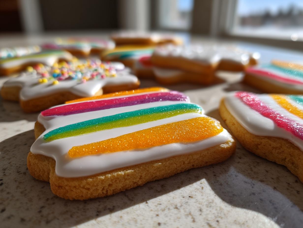 Close-up of sugar cookies decorated with white base icing and colorful stripes of sugar cookie icing that hardens.
