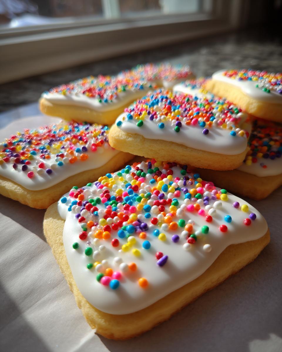 Close-up of sugar cookies decorated with smooth white sugar cookie icing that hardens and colorful nonpareil sprinkles.
