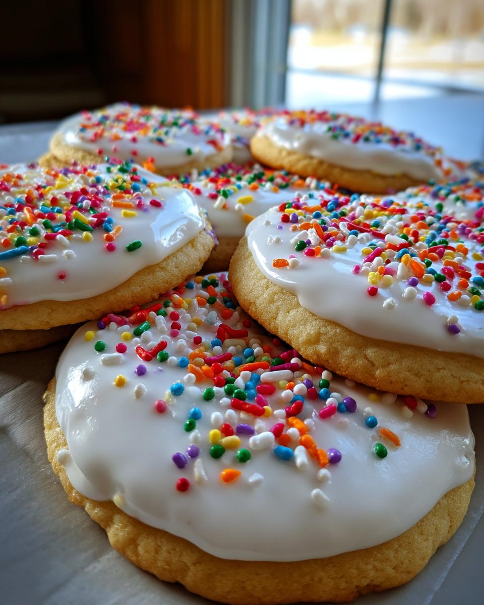 Close-up of sugar cookies topped with smooth white sugar cookie icing that hardens and colorful rainbow sprinkles.