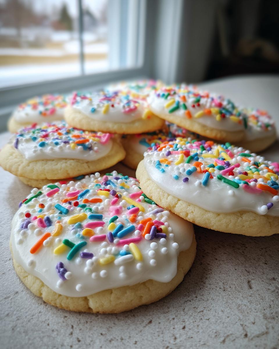 Close-up of sugar cookies topped with white sugar cookie icing that hardens and colorful sprinkles, set indoors near a window.