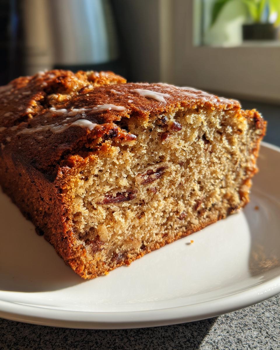 Close-up of a moist slice of sweet Alabama pecan bread showing pecans inside and a light sugar glaze on top.