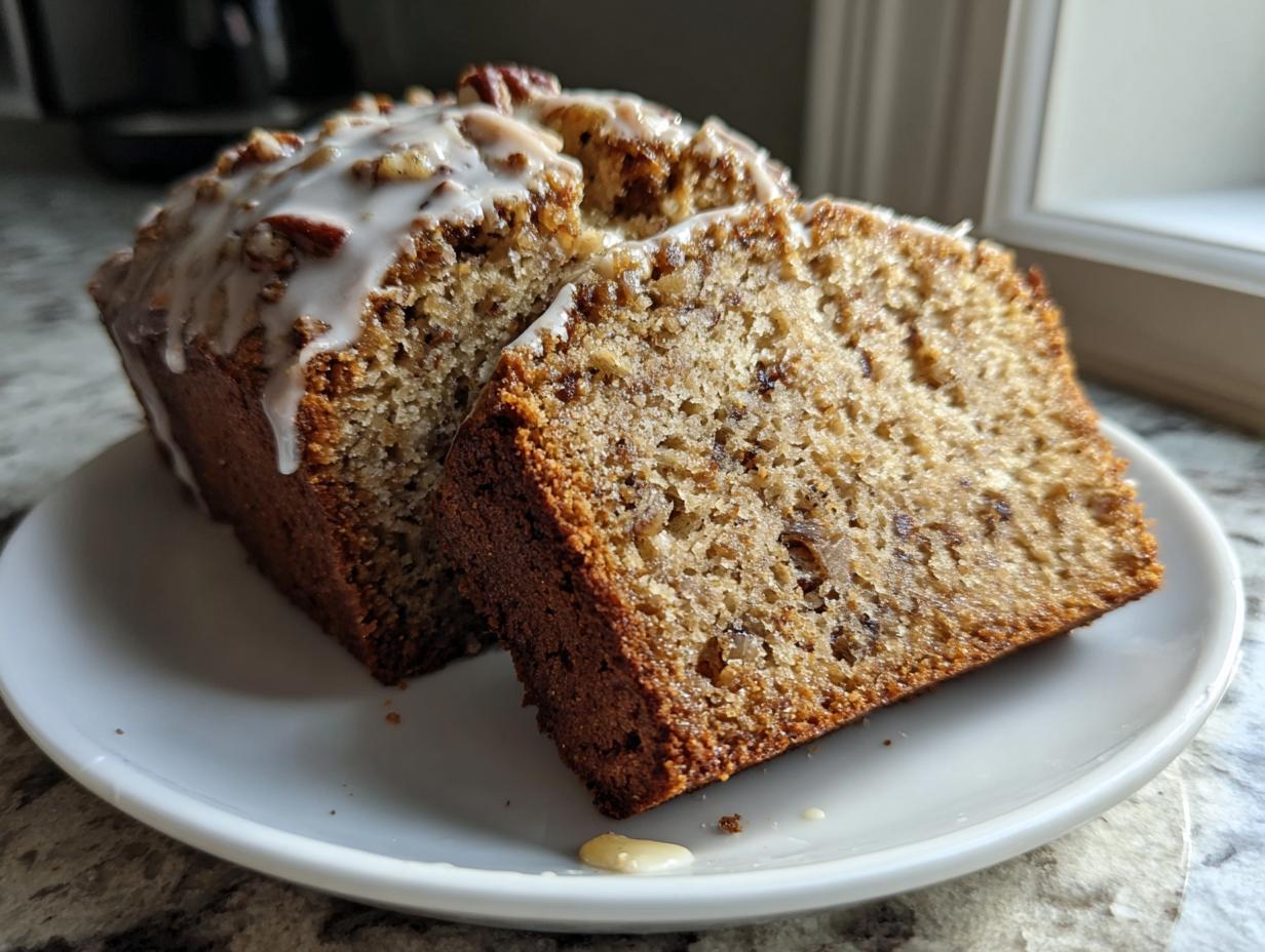 A loaf of sweet alabama pecan bread, sliced to show the moist interior, topped with a white glaze and pecans.