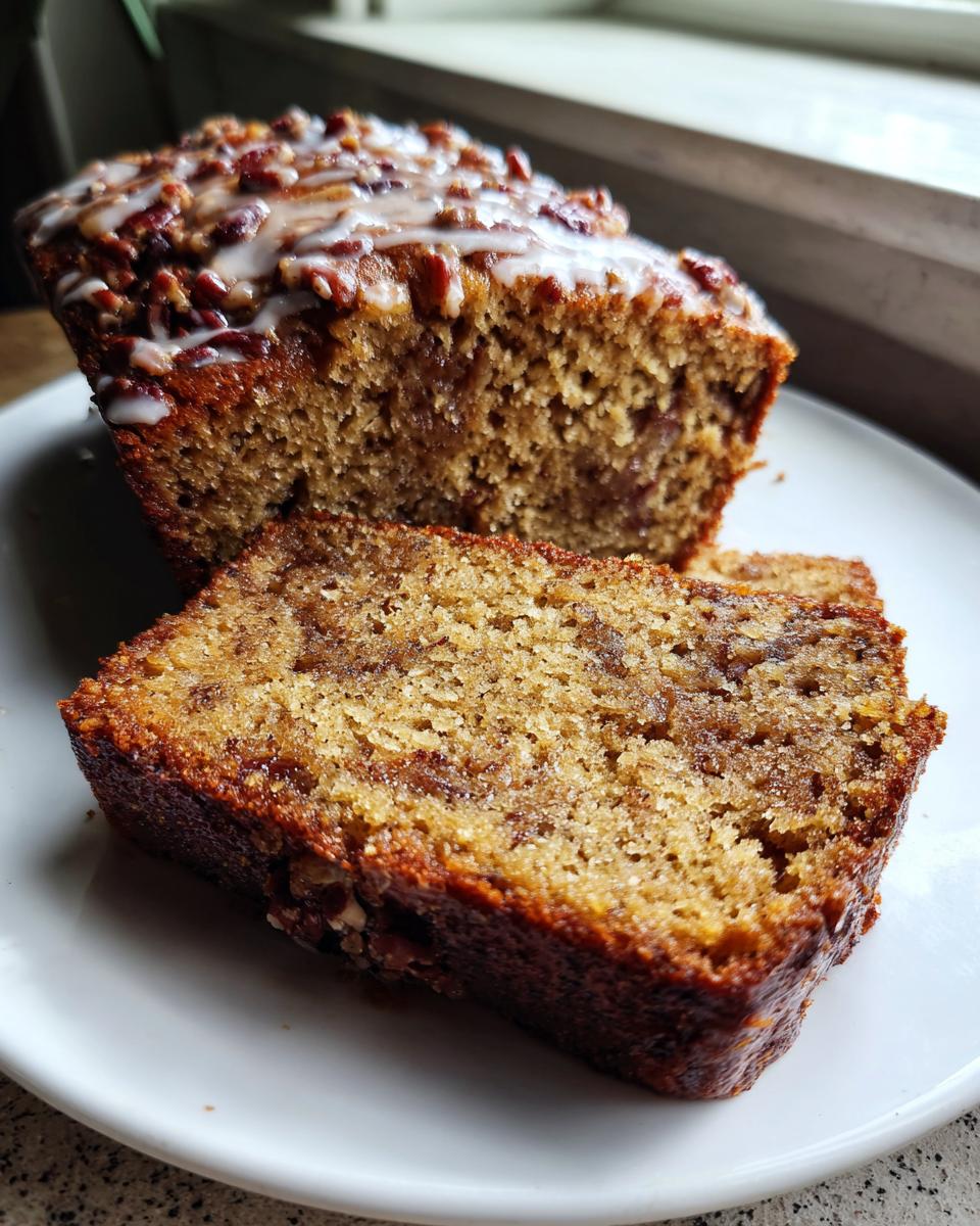 A loaf of sweet Alabama pecan bread sliced on a white plate, topped with a sugary glaze and chopped pecans.