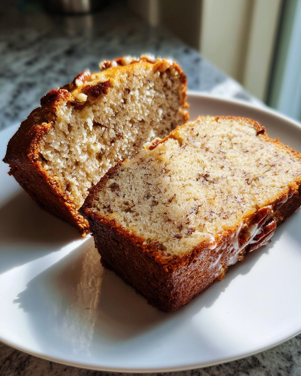 Two thick slices of moist sweet alabama pecan bread, showing the interior texture and pecan topping, served on a white plate.