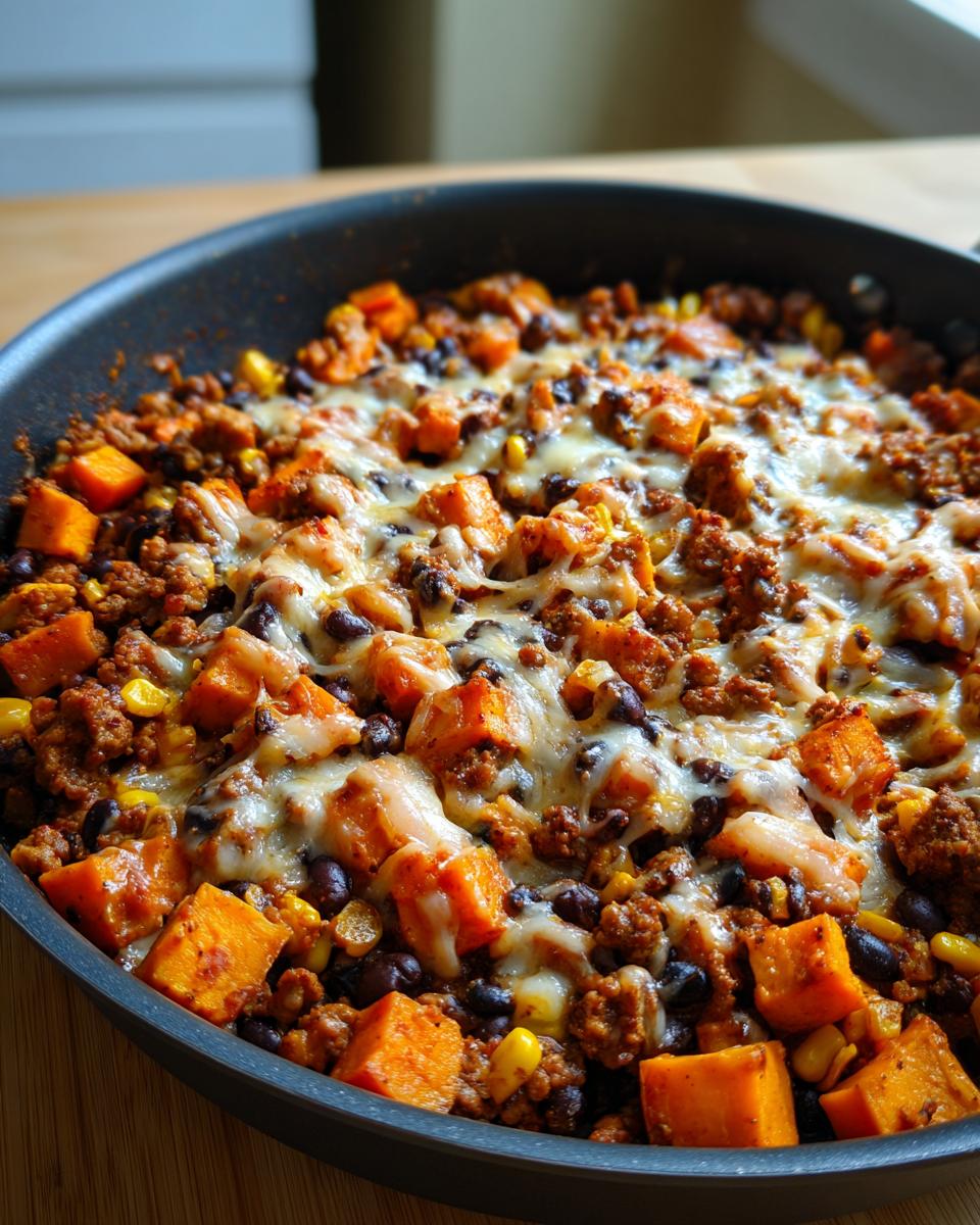 Close-up of a savory sweet potato skillet topped with melted cheese, ground meat, black beans, and corn.