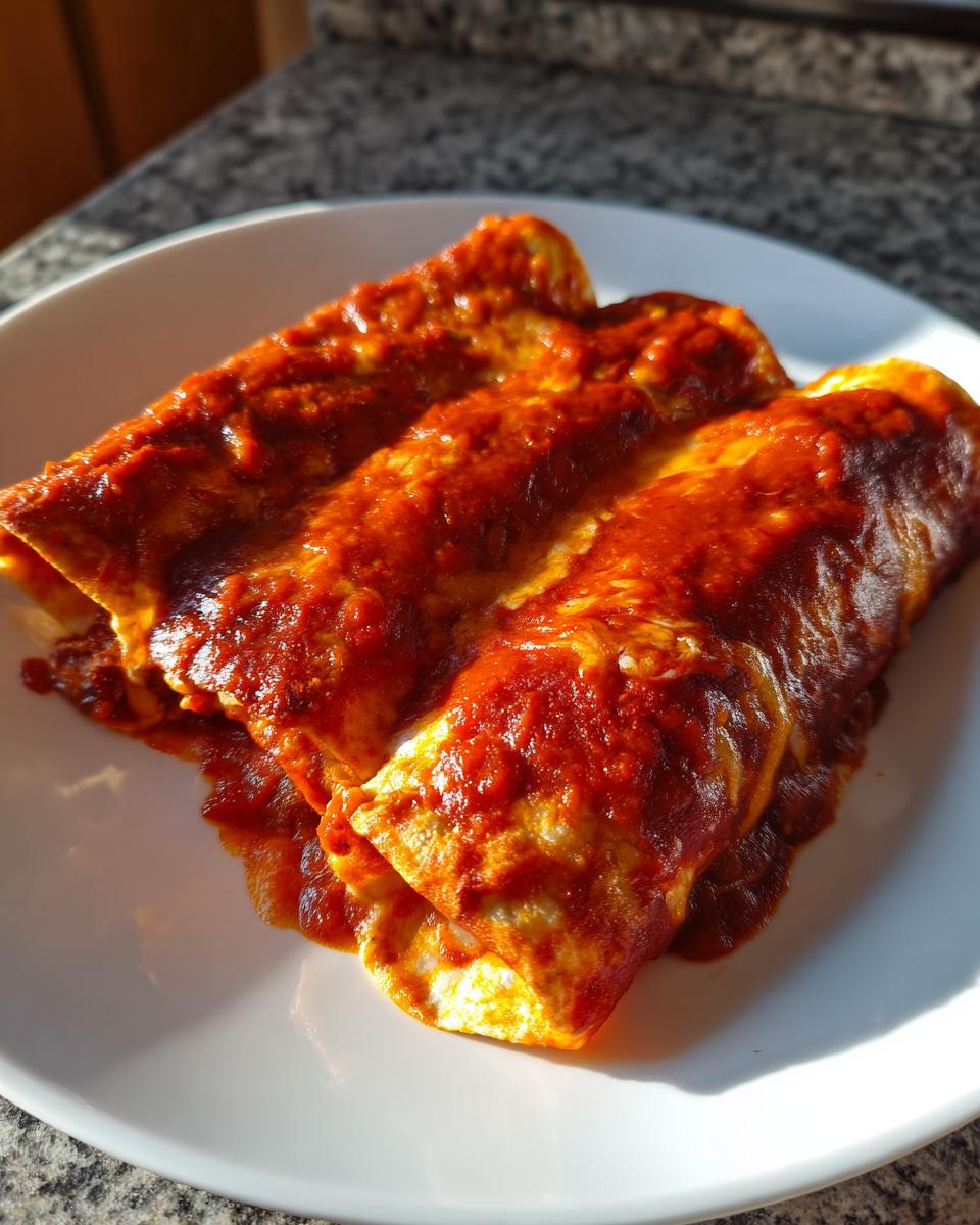 Three rolled cheese enchiladas smothered in vibrant red sauce served on a white plate.