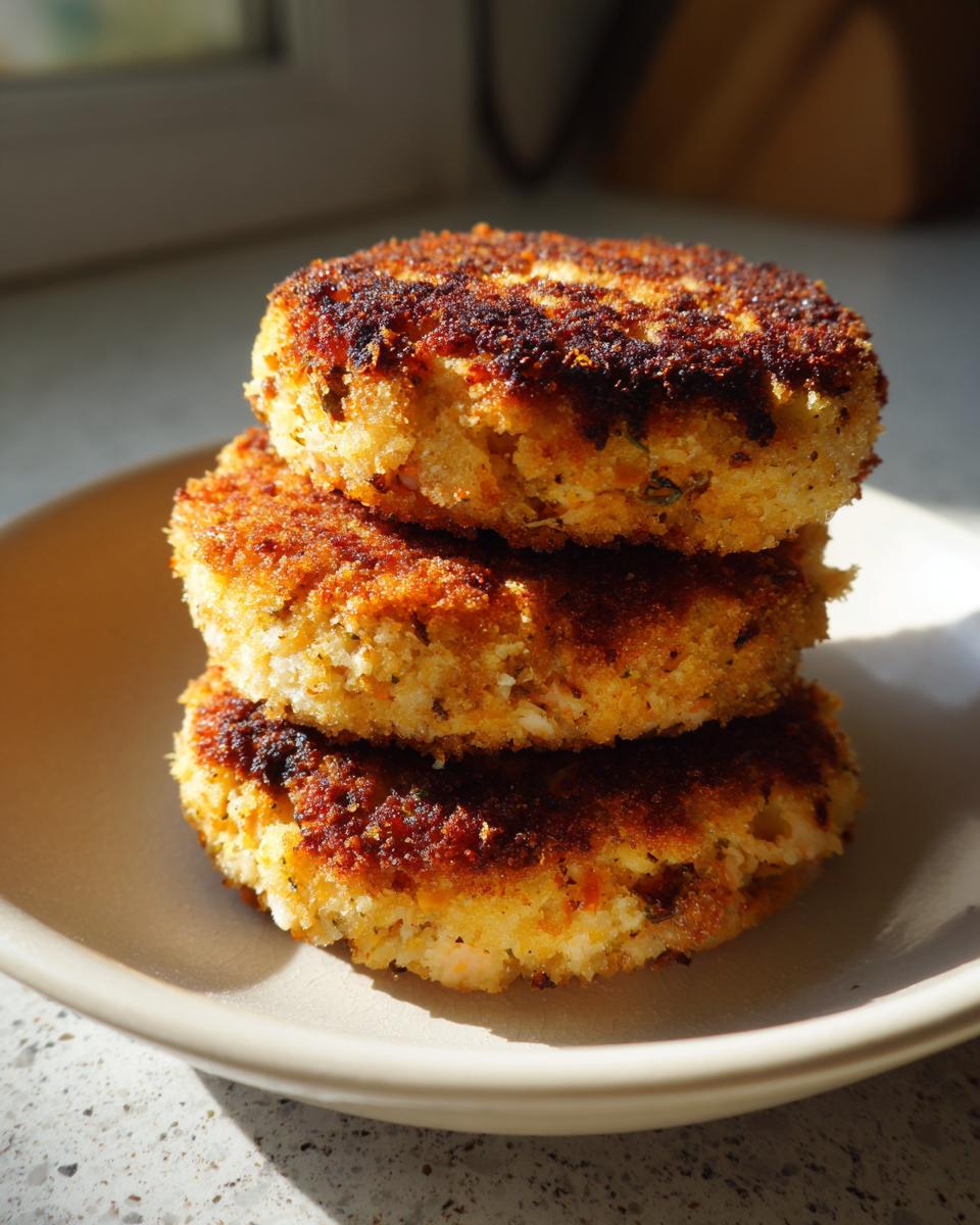 A stack of three perfectly pan-fried salmon cakes with a crispy, golden-brown exterior, resting on a light beige plate.