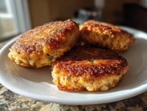 Close-up of three perfectly pan-fried salmon cakes with a crispy, golden-brown crust served on a white plate.