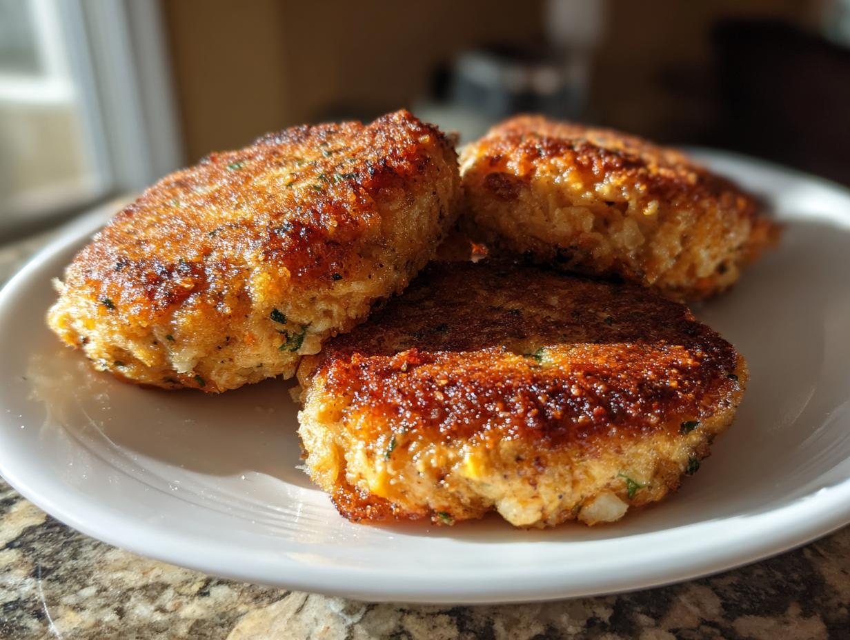 Close-up of three perfectly pan-fried salmon cakes with a crispy, golden-brown crust served on a white plate.