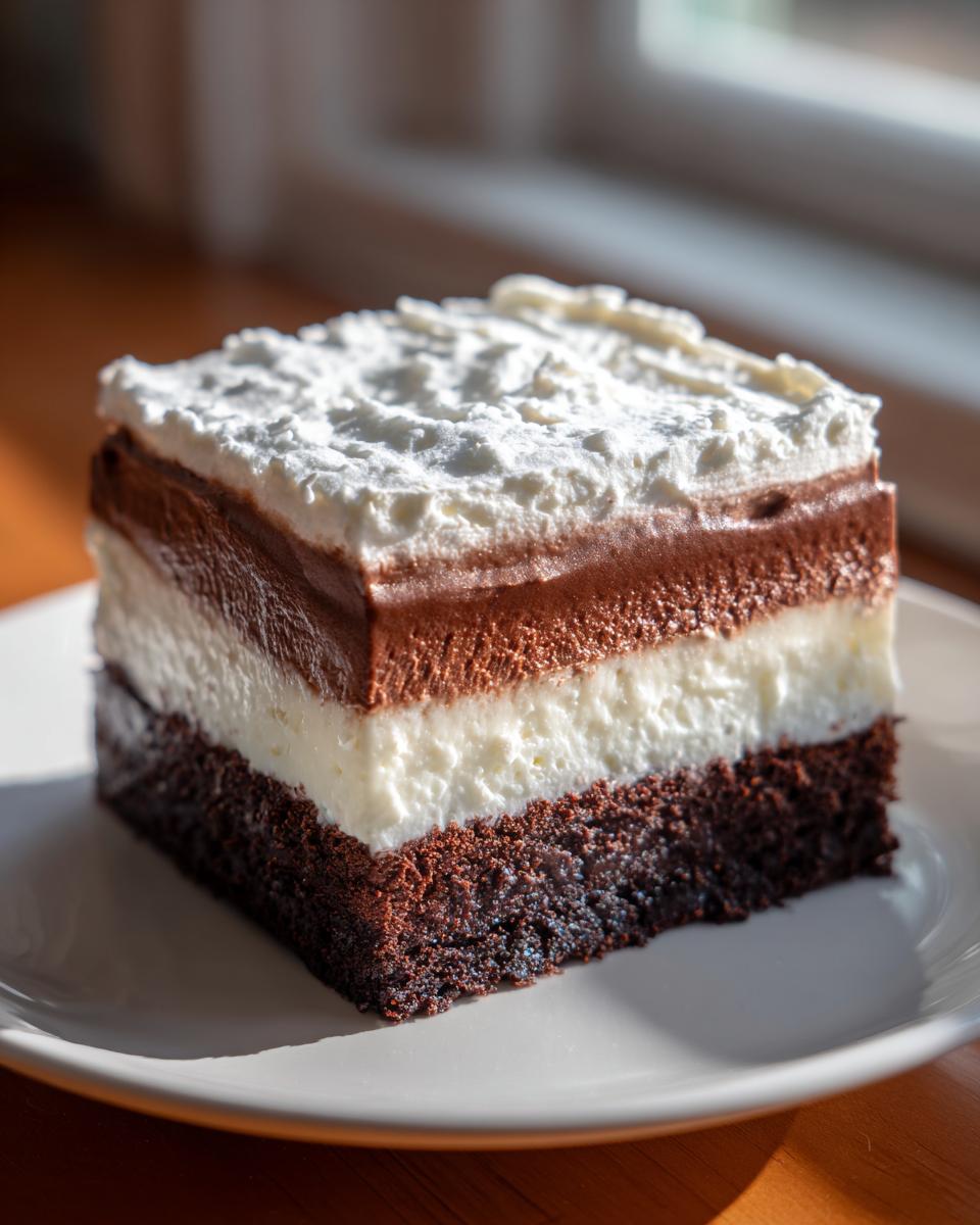 A square slice of rich, three-layer italian love cake featuring a dark chocolate base, white cream layer, chocolate mousse, and whipped topping.