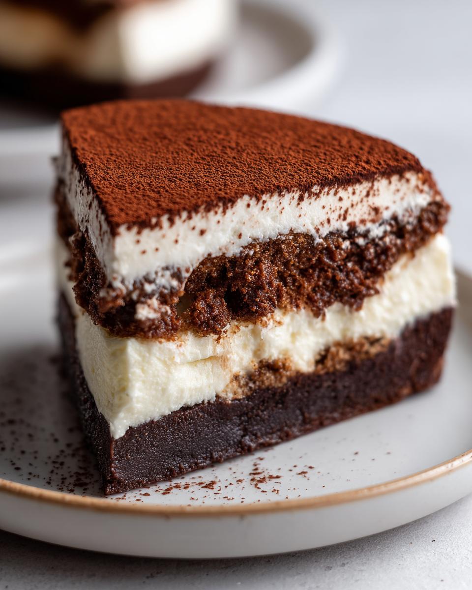 A decadent slice of tiramisu cheesecake featuring layers of dark chocolate cake, creamy filling, and a heavy dusting of cocoa powder.