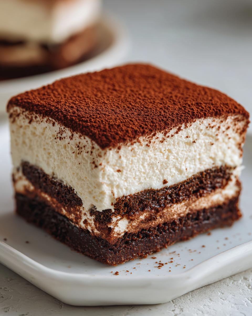 Close-up of a square slice of tiramisu cheesecake featuring layers of dark chocolate cake and creamy filling, topped with cocoa powder.